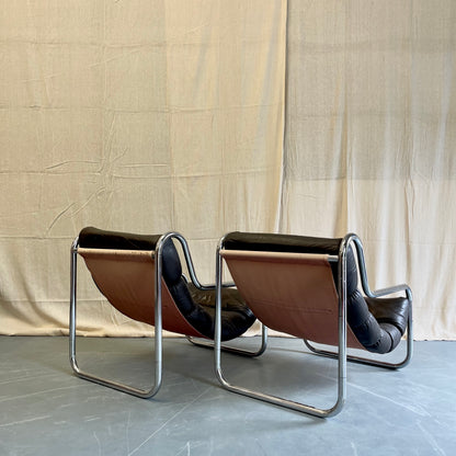 Vintage 70s Sling Back Leather + Chrome Armchairs - #2316