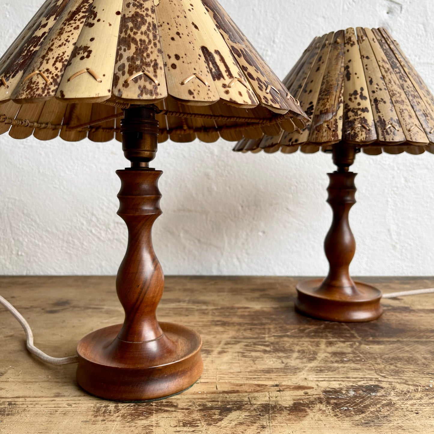 Pair of Vintage Wooden Lamps + Bamboo Shades