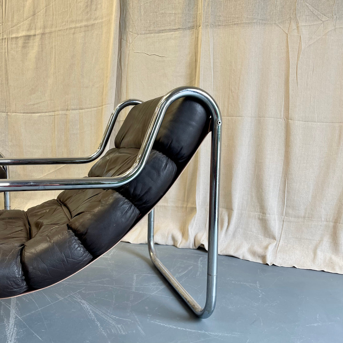 Vintage 70s Sling Back Leather + Chrome Armchairs - #2316