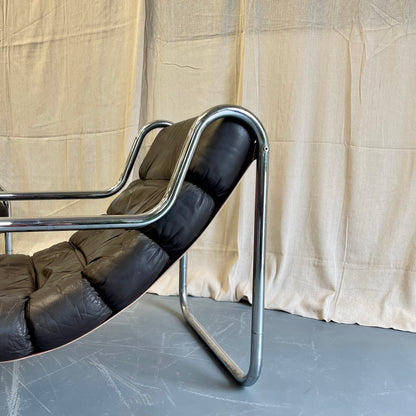 Vintage 70s Sling Back Leather + Chrome Armchairs - #2316