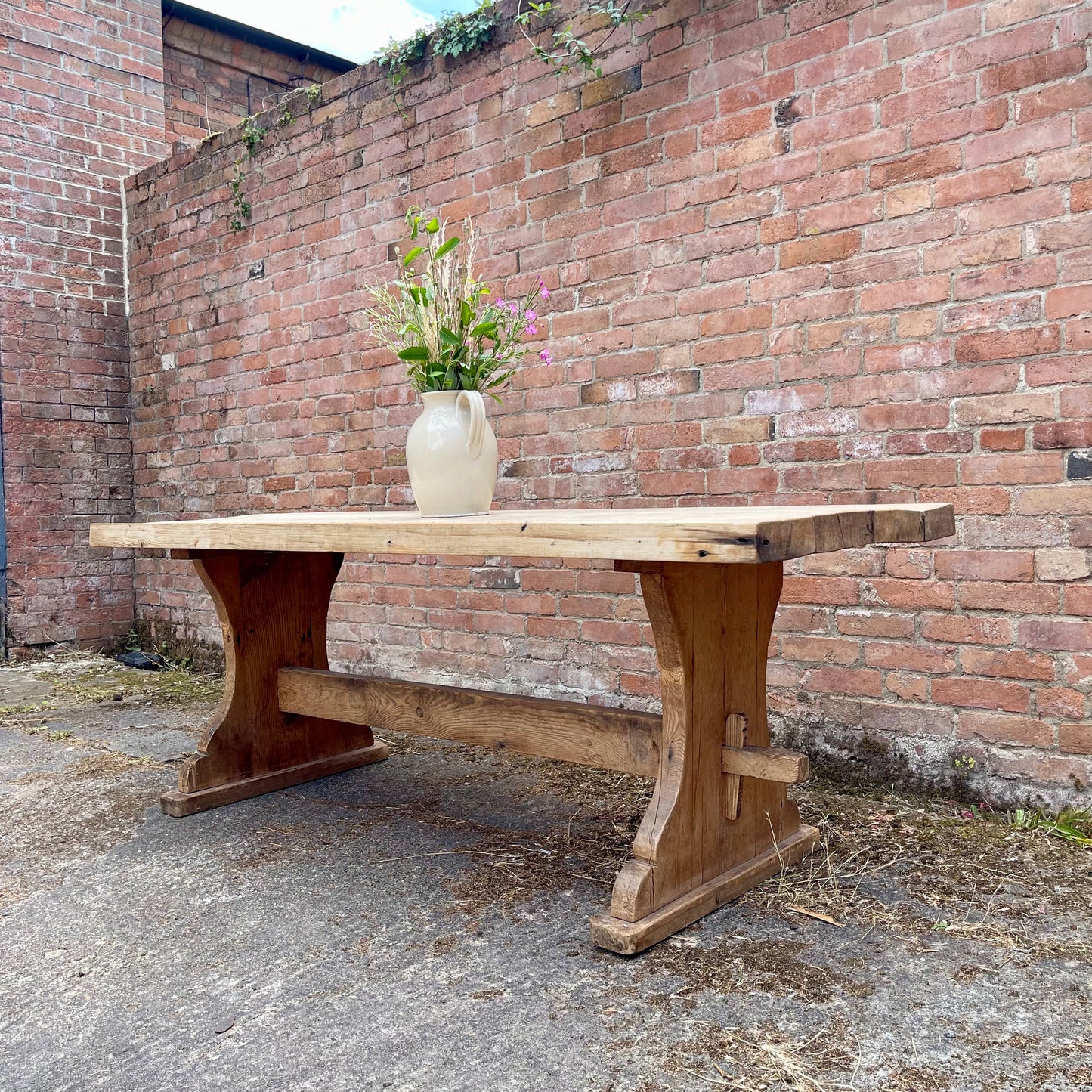 Antique Pine Table + Bench Set - #1407