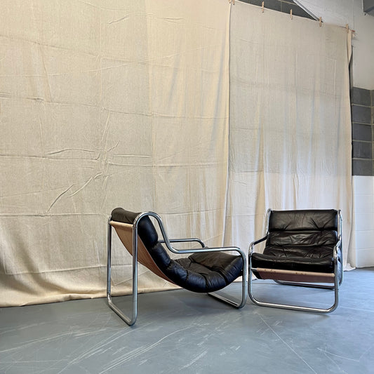 Vintage 70s Sling Back Leather + Chrome Armchairs - #2316