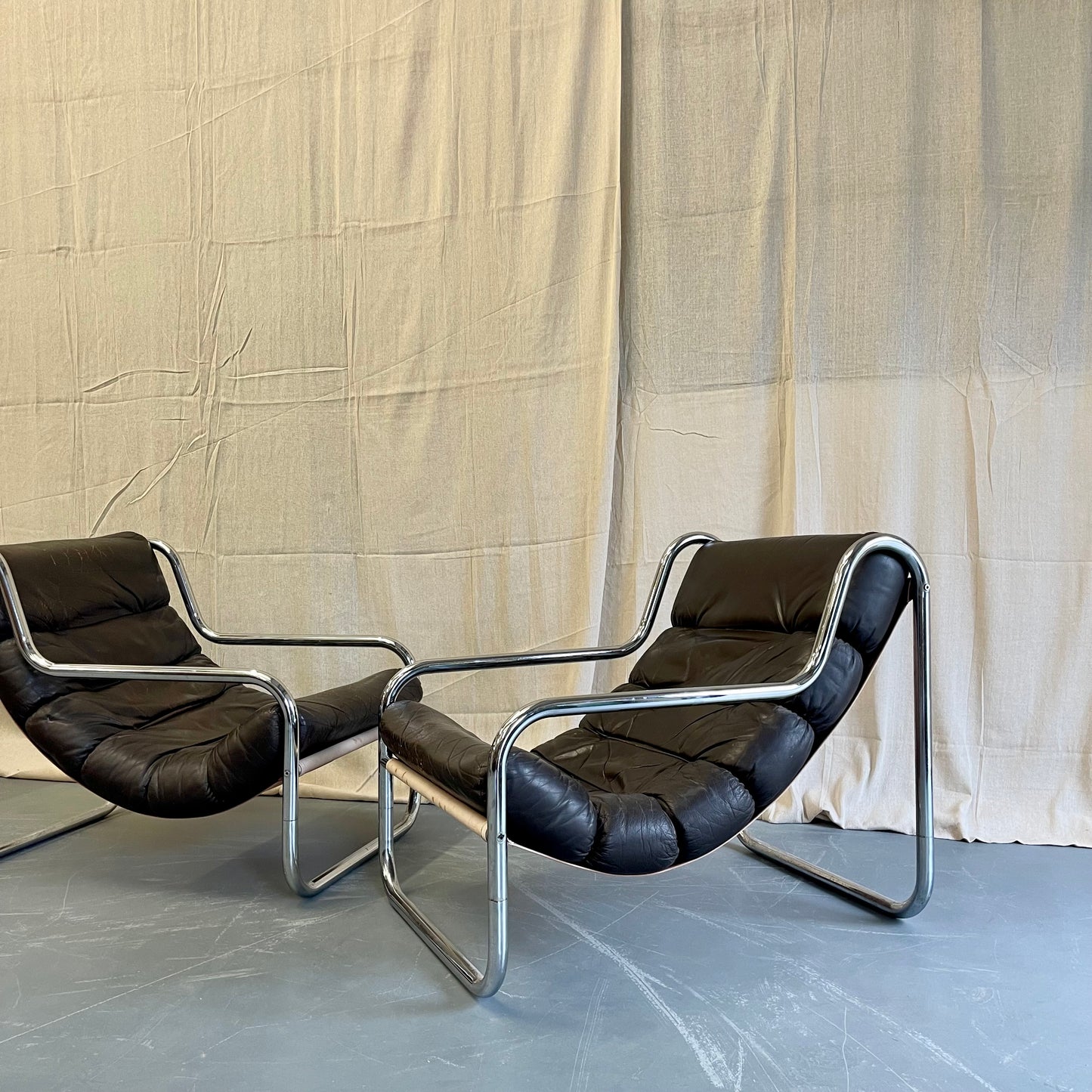 Vintage 70s Sling Back Leather + Chrome Armchairs - #2316