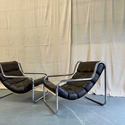 Vintage 70s Sling Back Leather + Chrome Armchairs - #2316