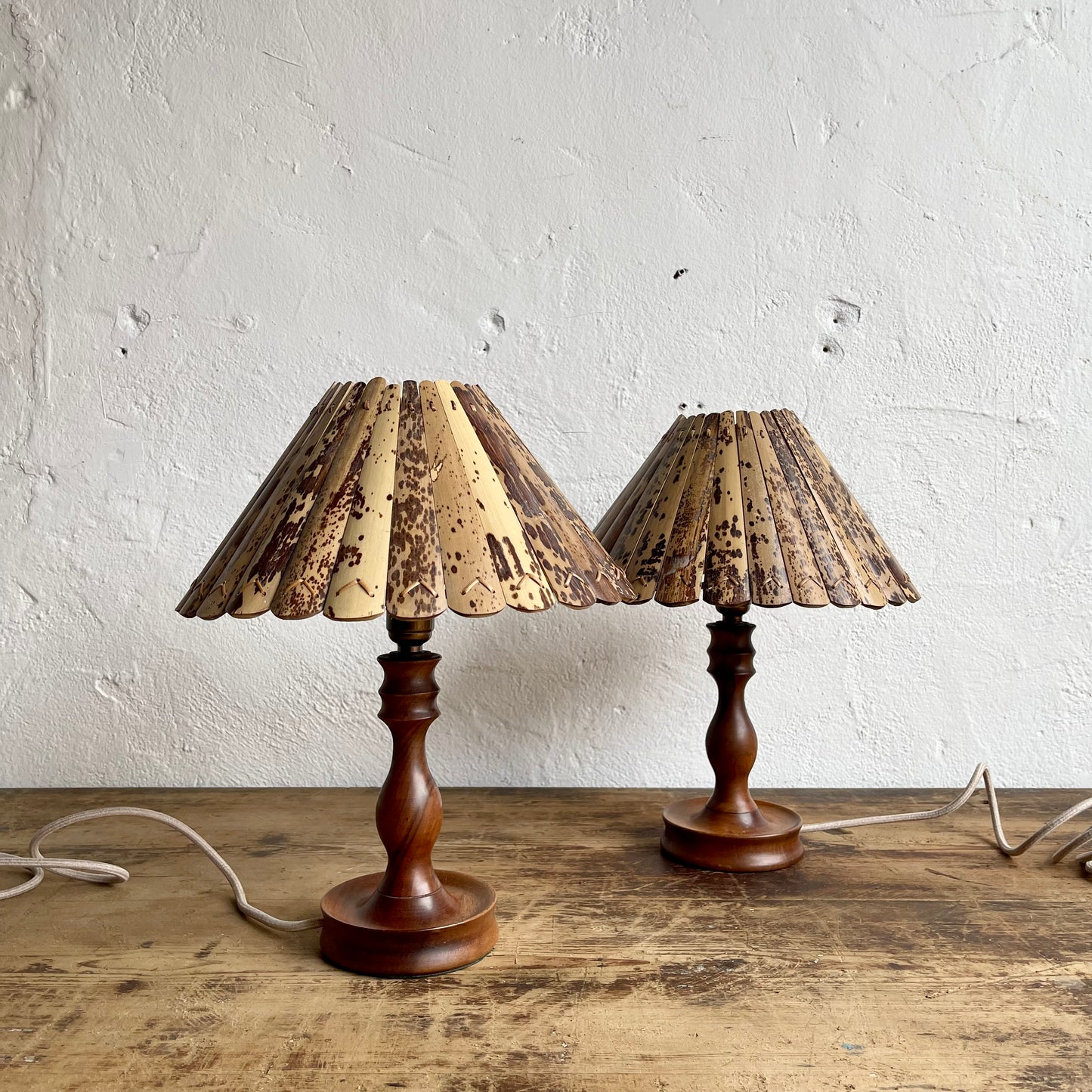 Pair of Vintage Wooden Lamps + Bamboo Shades