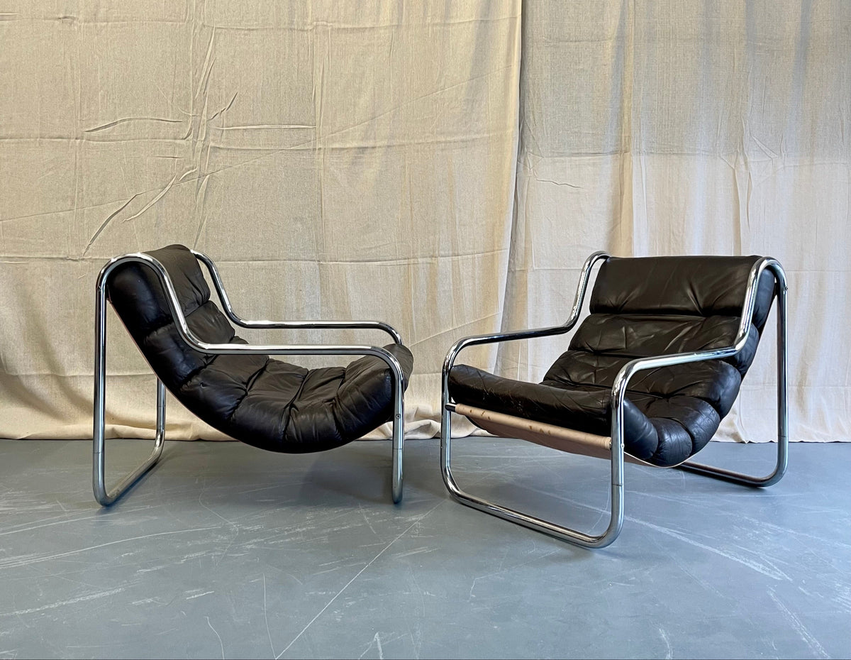 Vintage 70s Sling Back Leather + Chrome Armchairs - #2316