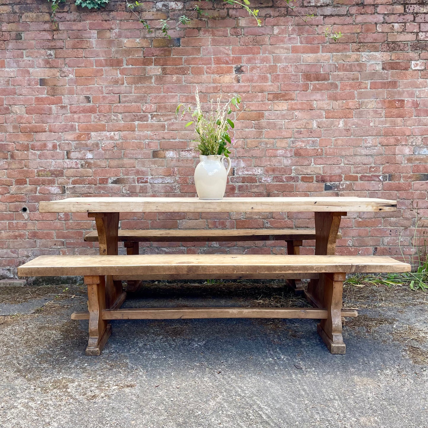 Antique Pine Table + Bench Set - #1407