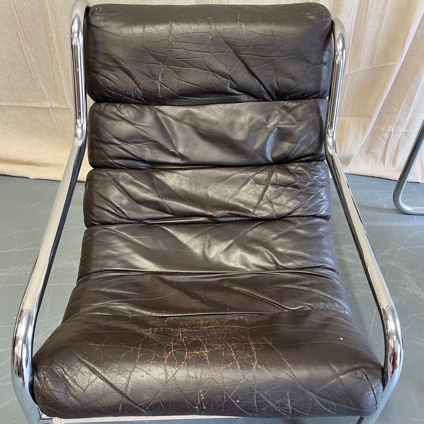 Vintage 70s Sling Back Leather + Chrome Armchairs - #2316