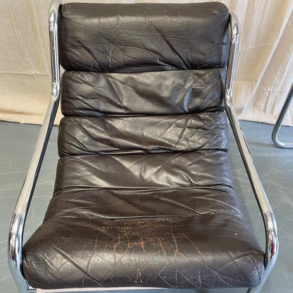 Vintage 70s Sling Back Leather + Chrome Armchairs - #2316