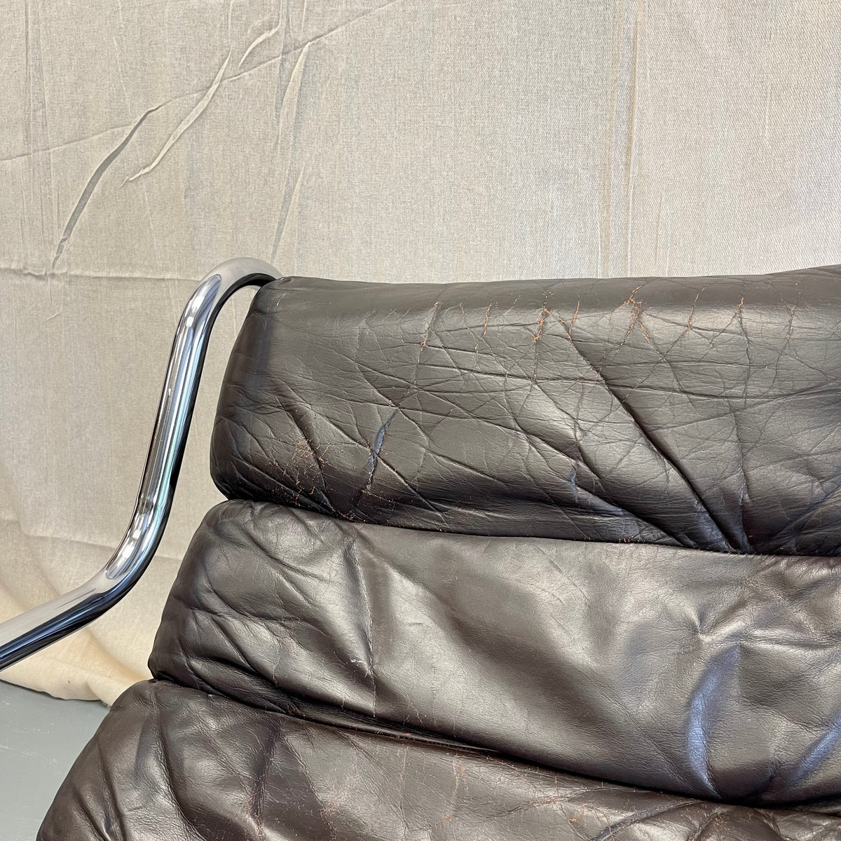 Vintage 70s Sling Back Leather + Chrome Armchairs - #2316