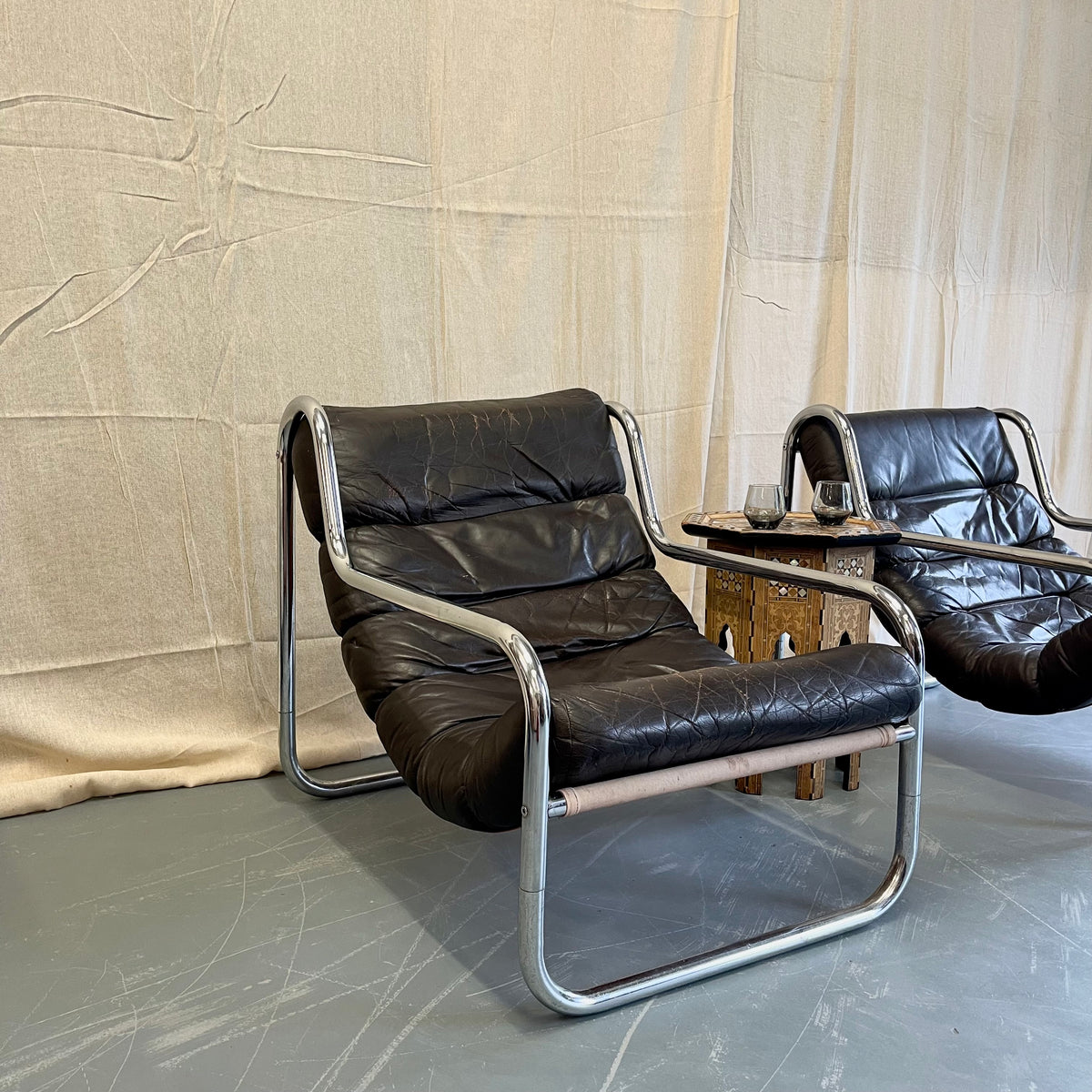 Vintage 70s Sling Back Leather + Chrome Armchairs - #2316
