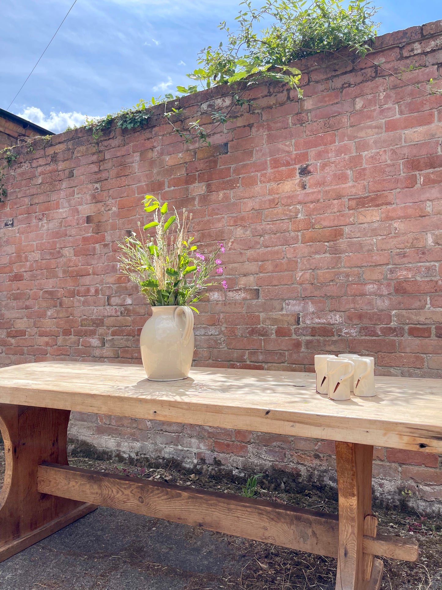 Antique Pine Table + Bench Set - #1407