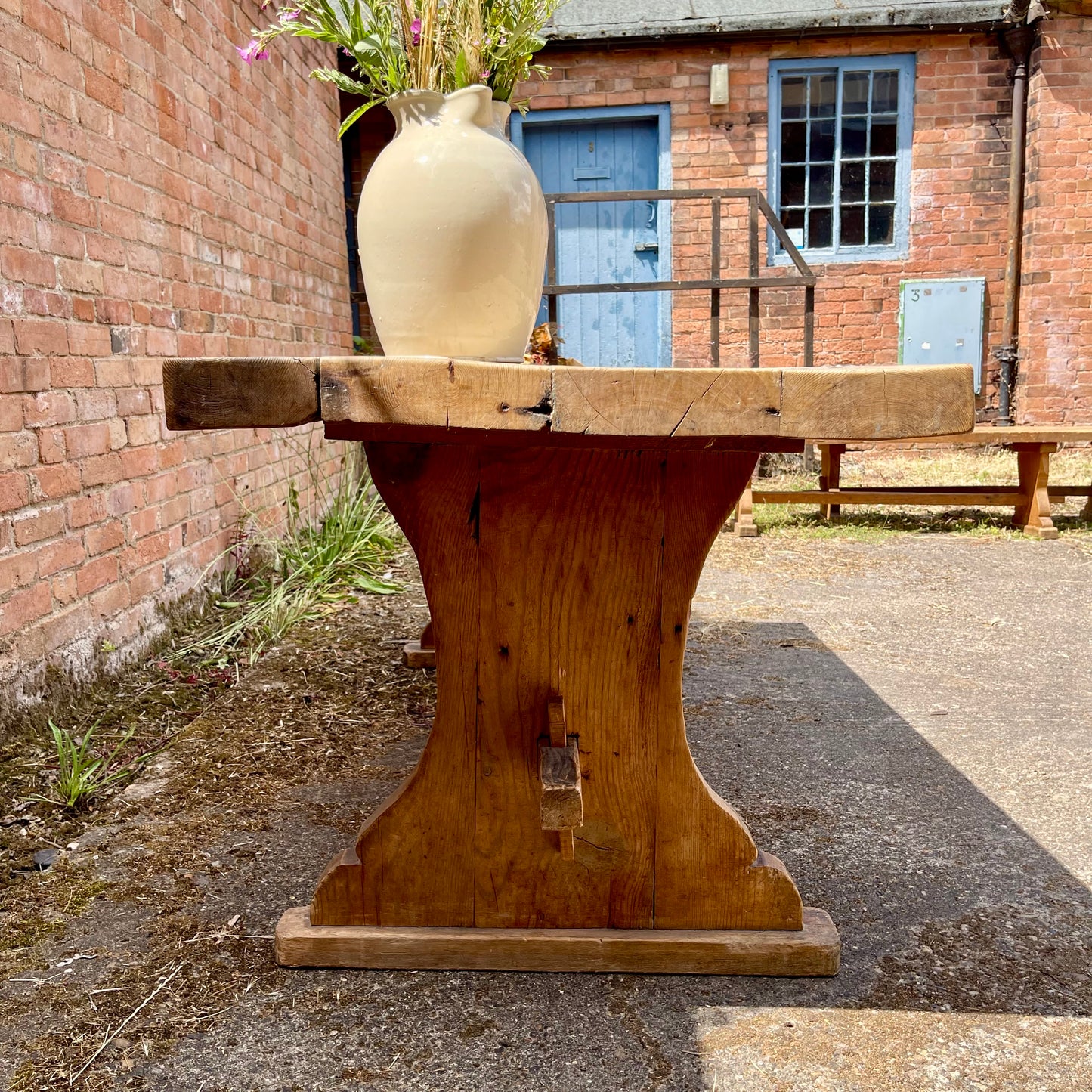 Antique Pine Table + Bench Set - #1407