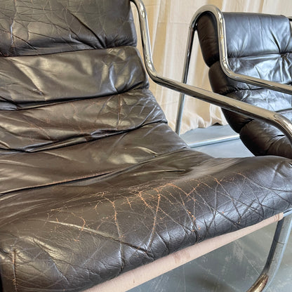 Vintage 70s Sling Back Leather + Chrome Armchairs - #2316