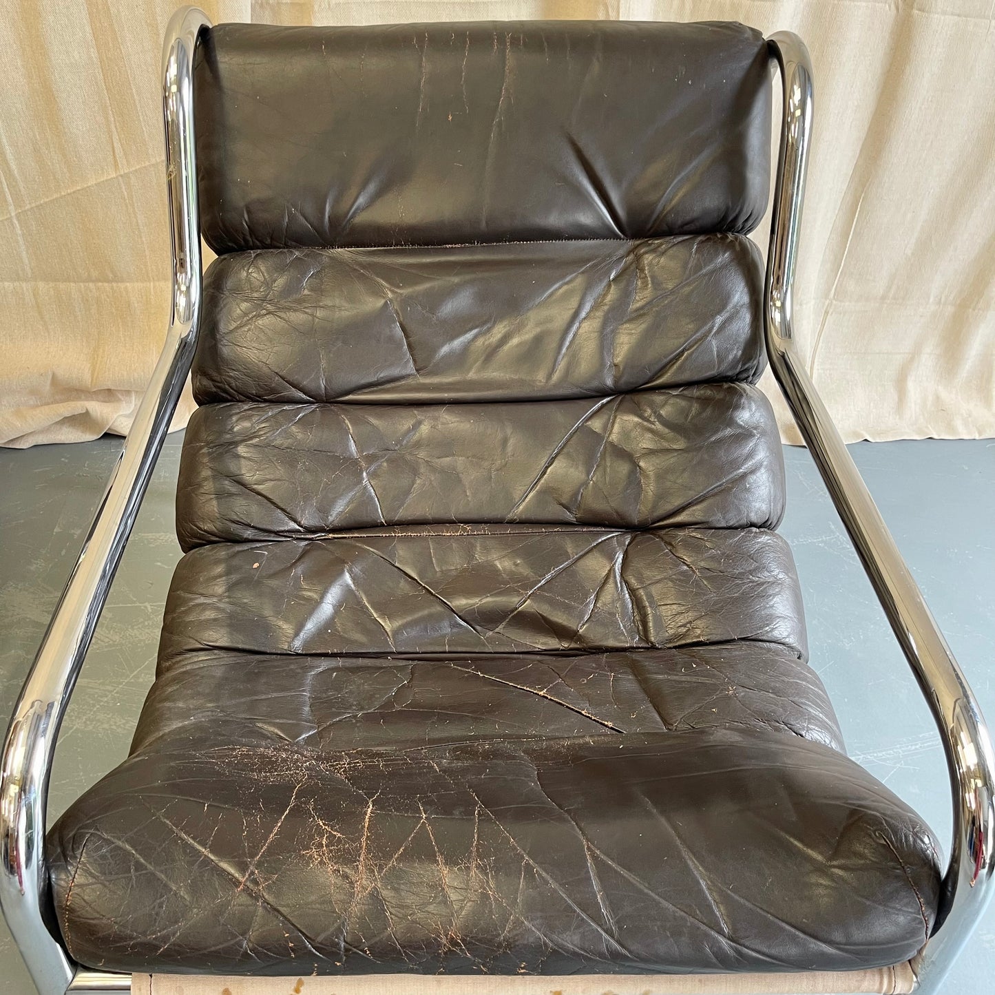 Vintage 70s Sling Back Leather + Chrome Armchairs - #2316