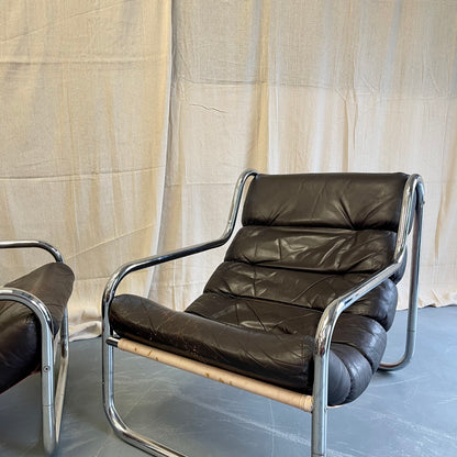 Vintage 70s Sling Back Leather + Chrome Armchairs - #2316